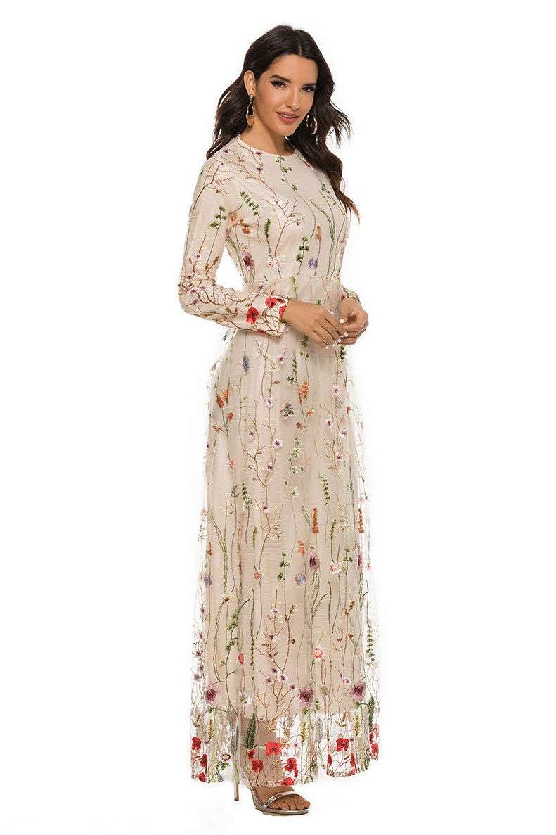 Embroidered Round Neckline Long Sleeve Maxi Dress
