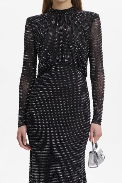 Rhinestone Stand Collar Solid Mermaid Maxi Dress
