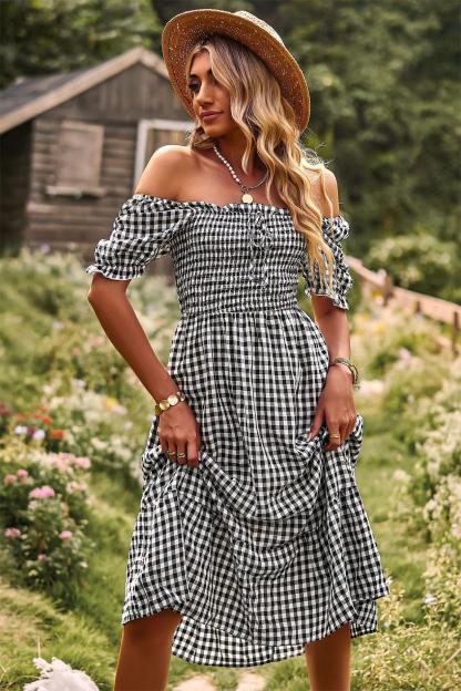 Plaid One-shoulder Midi Dress