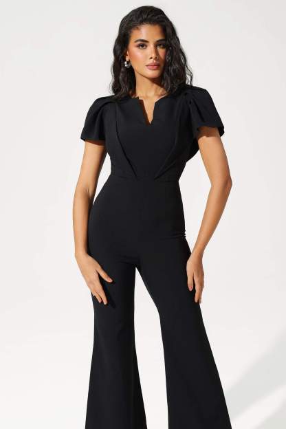 Flutter Sleeve V-Neck Ruffle Hem Tapered Waist Jumpsuit Black