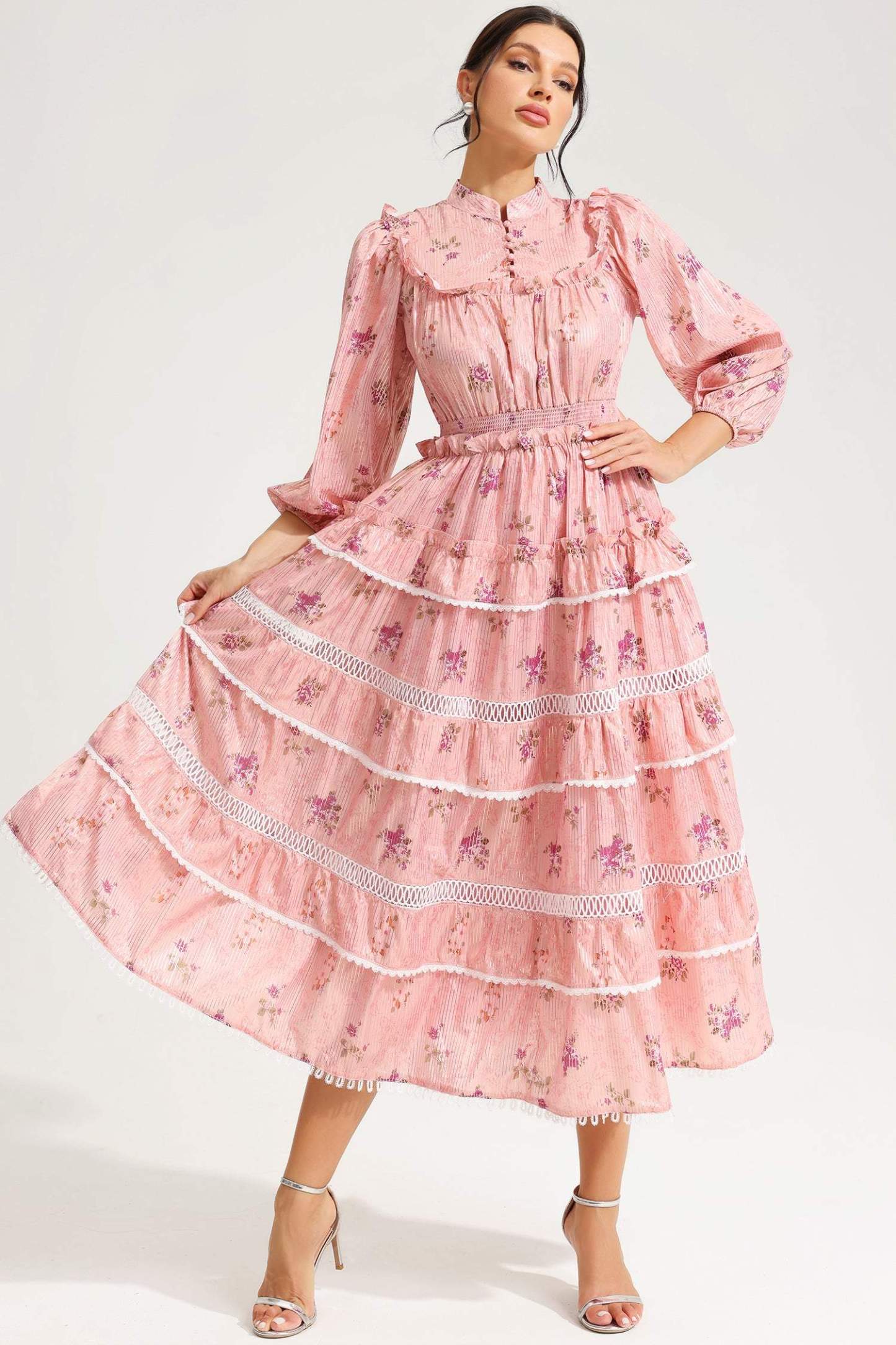 Floral Lantern Sleeve Buckle Tapered Waist Midi Dress Pink
