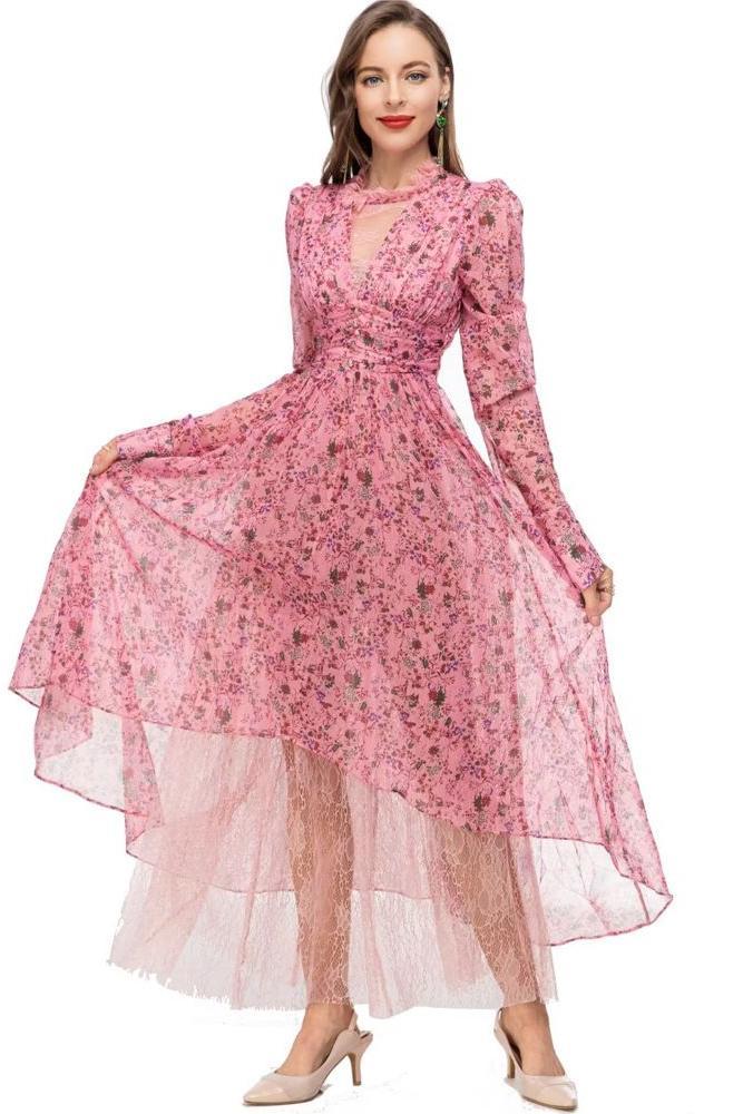 Printed Lamb's Leg Sleeve Round Collar Lace Waist Irregular Midi Dress