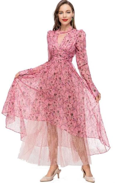 Printed Lamb's Leg Sleeve Round Collar Lace Waist Irregular Midi Dress