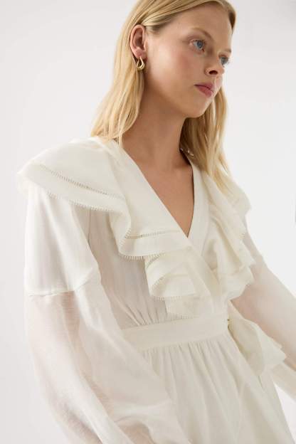 White Long Sleeve V-Neck Asymmetric Ruffle Hem Midi Dress