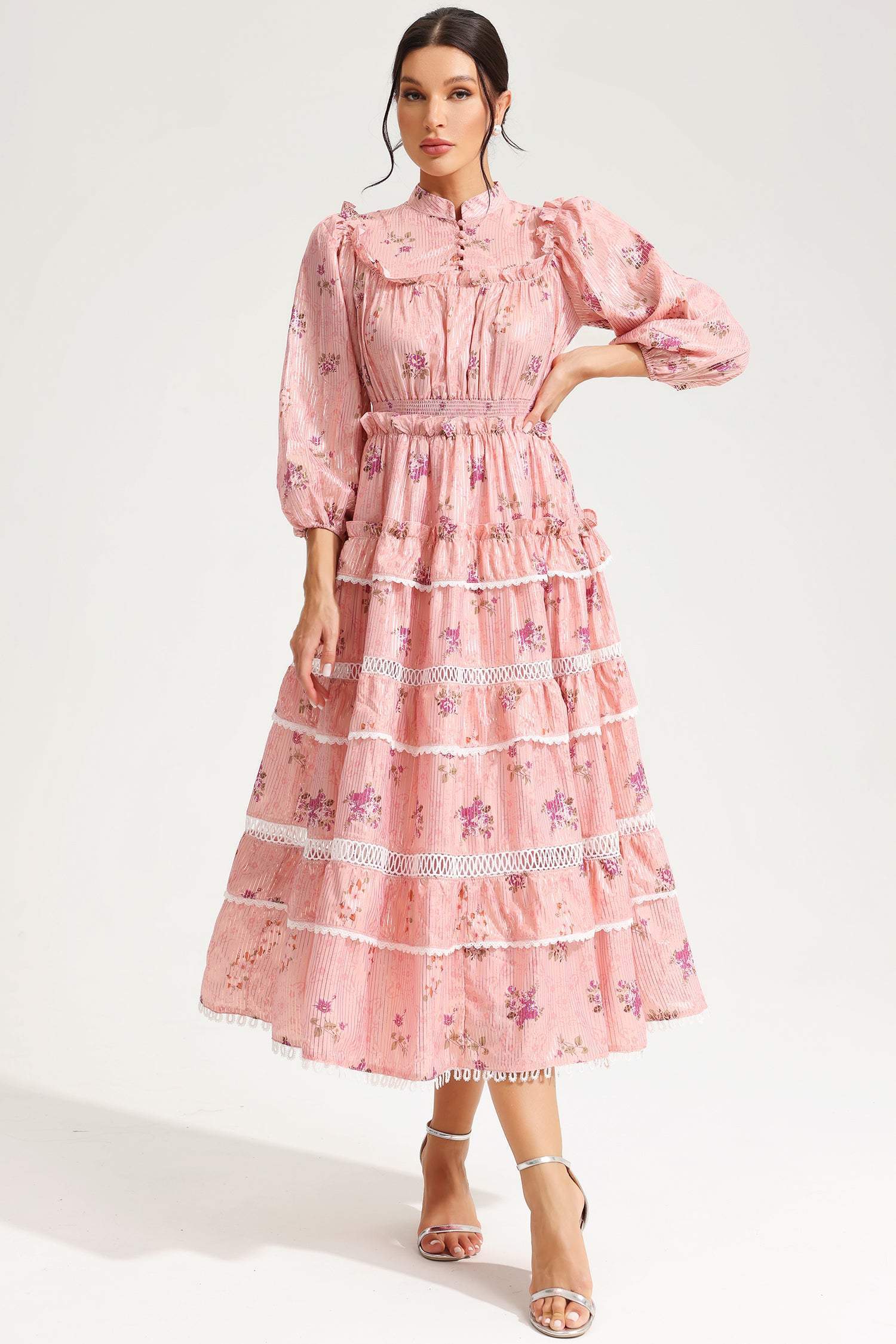 Floral Lantern Sleeve Buckle Tapered Waist Midi Dress Pink