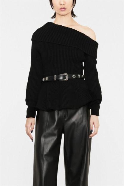 Black Knit Long Sleeves Diagonal Collar Sweater