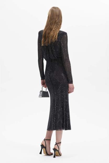 Rhinestone Stand Collar Solid Mermaid Maxi Dress