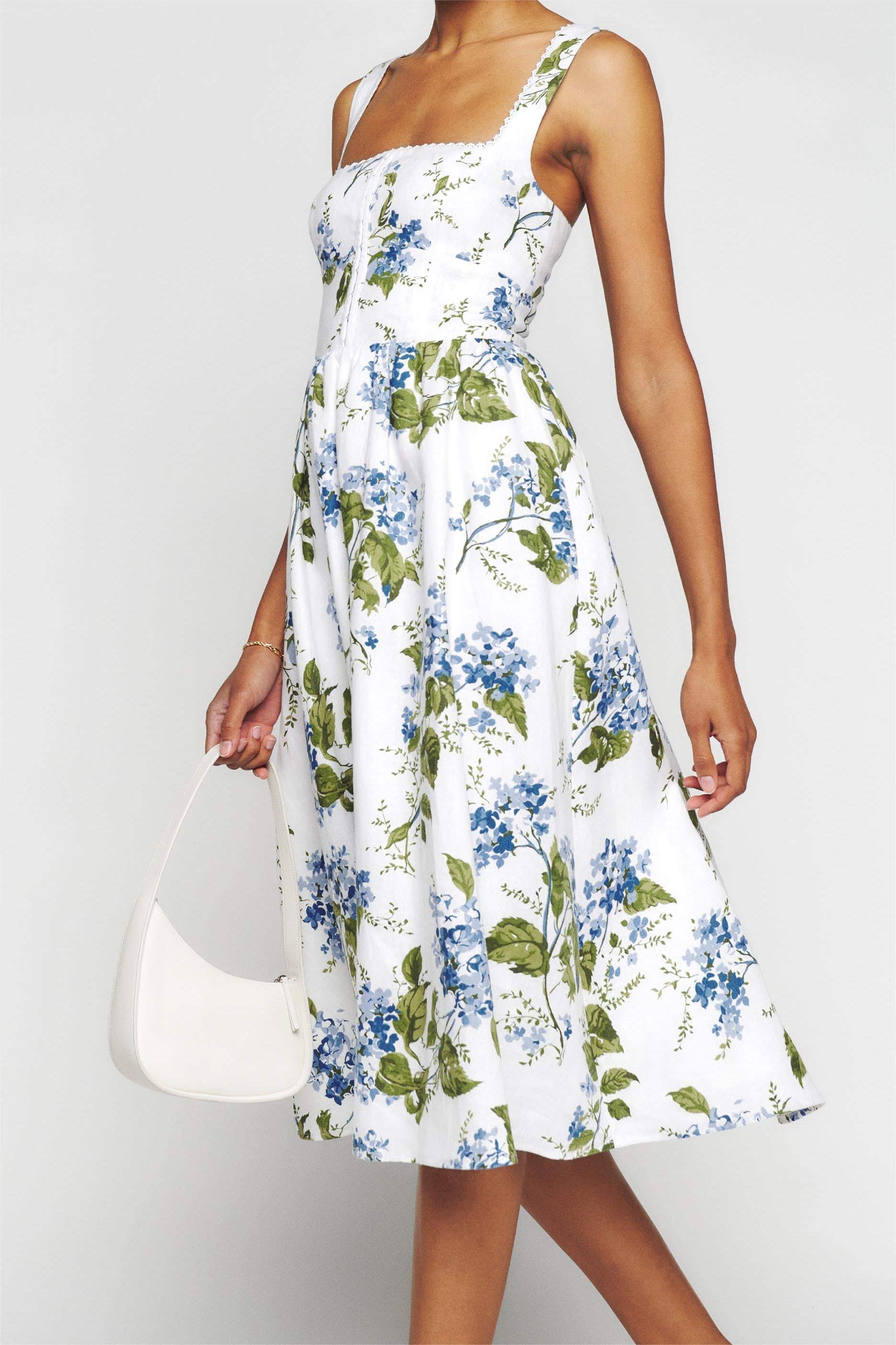Floral Square Collar Cami Tapered Waist Midi Dress