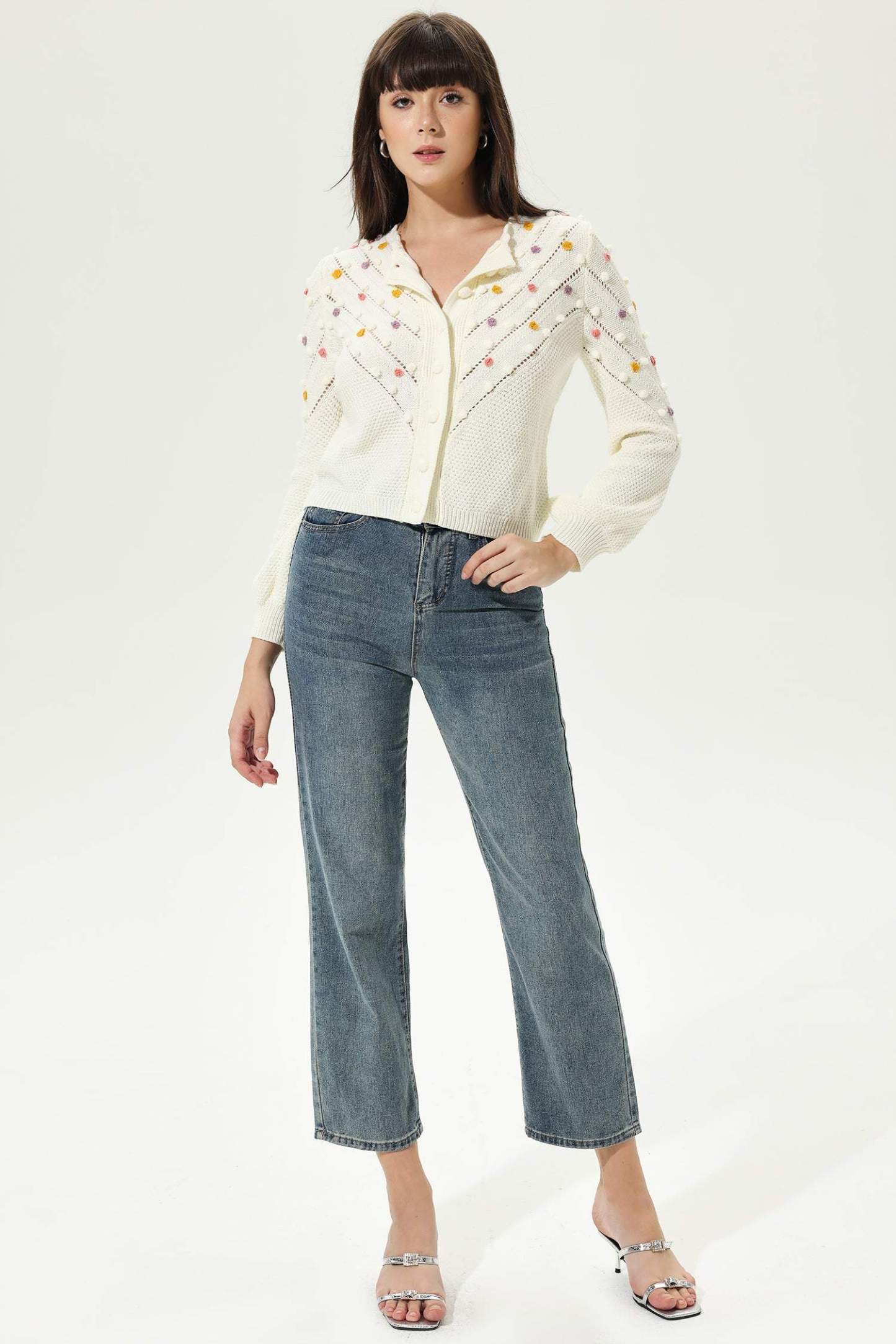 Long Sleeve Crew Collar Knit Cardigan Beige