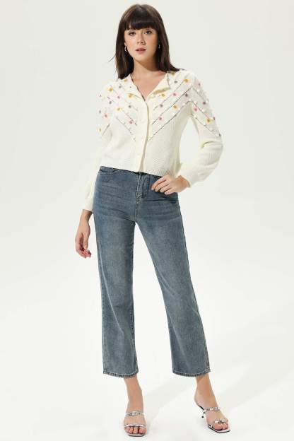 Long Sleeve Crew Collar Knit Cardigan Beige