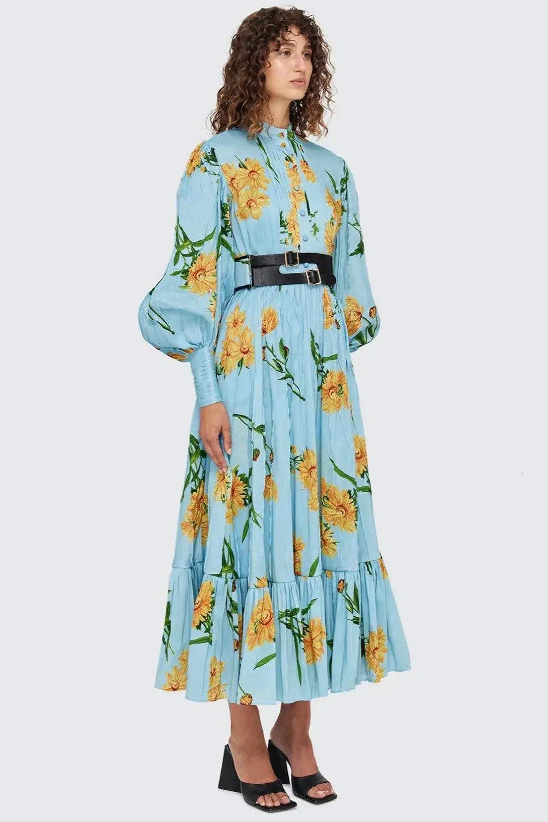 Floral Lantern Sleeve Midi Dress With Belt