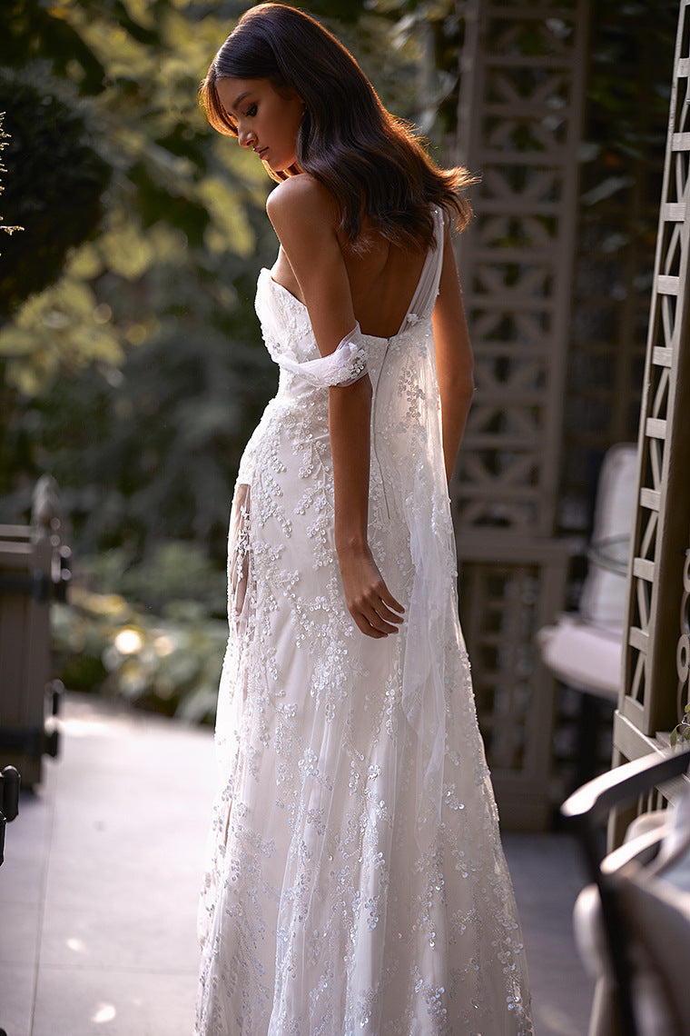 Lace Embroidered Mesh Sweetheart Neck Maxi Dress