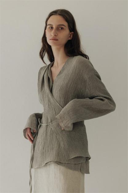 Vintage Wrapover A-Button Cardigan Linen Shirt Grey