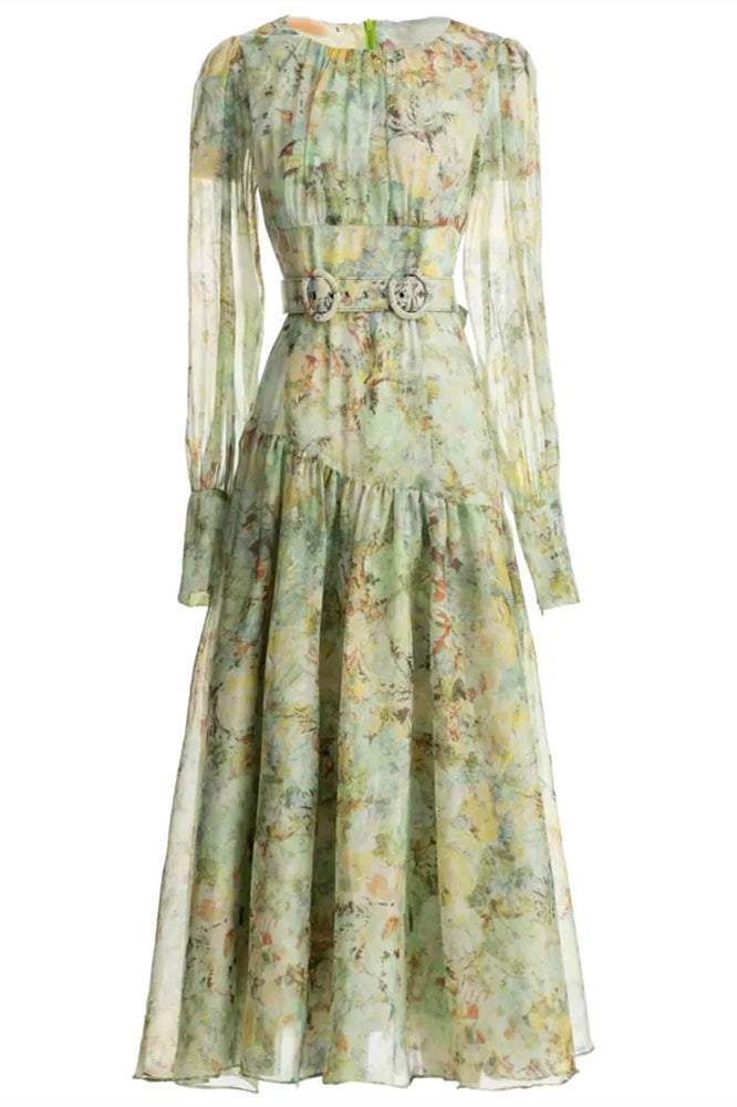 Printed Lantern Sleeve Round Collar Pleated Belt Midi Dress