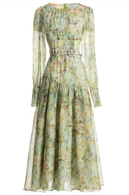 Printed Lantern Sleeve Round Collar Pleated Belt Midi Dress
