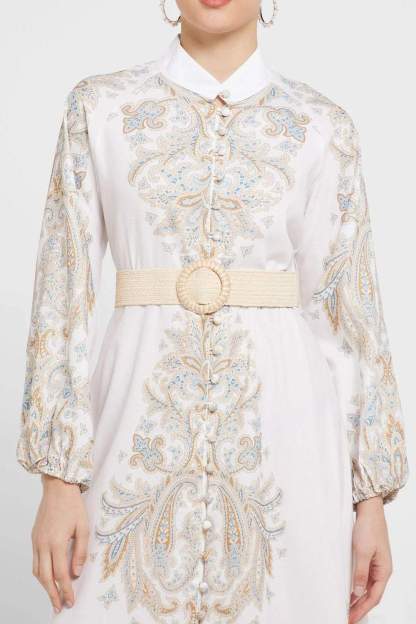 Printed Long Sleeve Tassel Buttoned Belted Maxi Dress