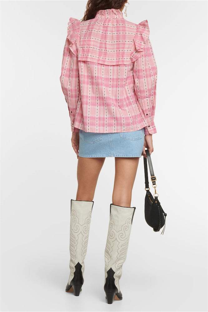 Plaid Lantern Sleeve Stand Collar Ruffled Shirt