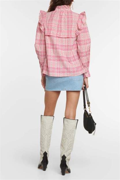 Plaid Lantern Sleeve Stand Collar Ruffled Shirt