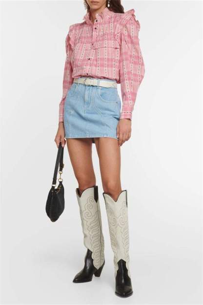 Plaid Lantern Sleeve Stand Collar Ruffled Shirt
