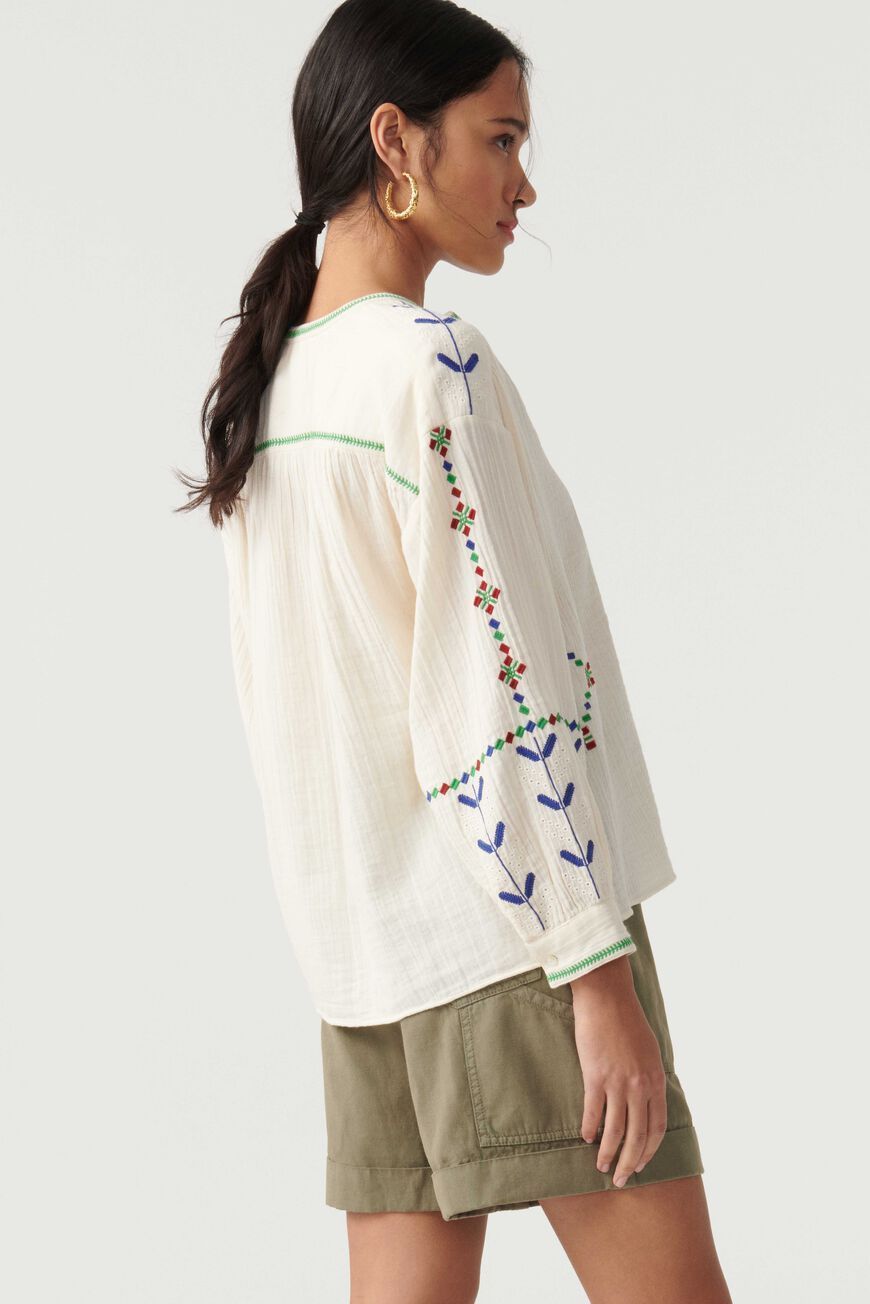 Lantern Sleeve Crew Collar Buttoned Embroidery Shirt