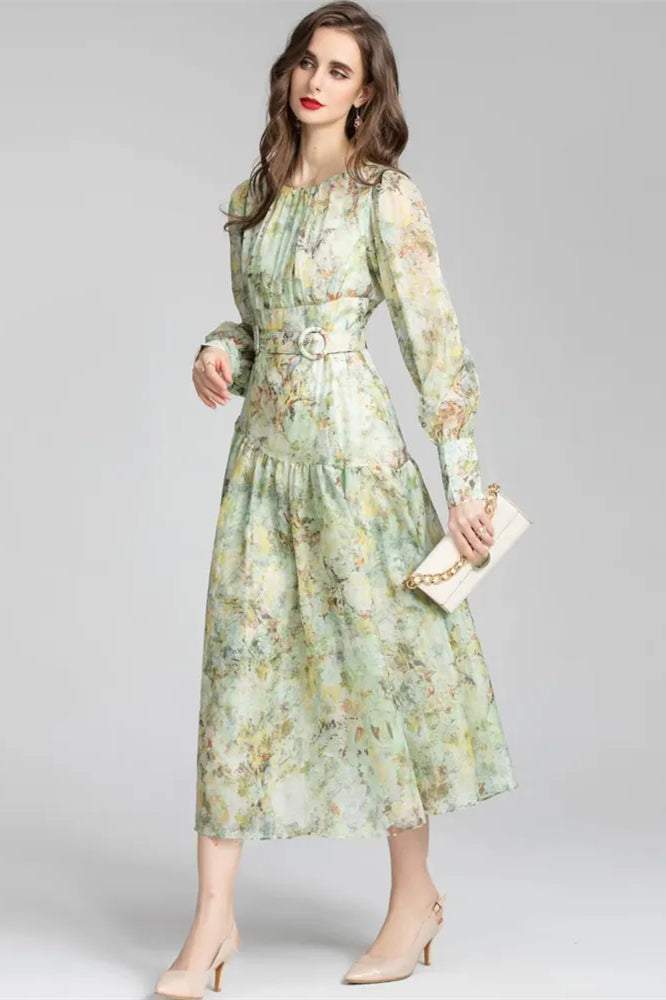 Printed Lantern Sleeve Round Collar Pleated Belt Midi Dress