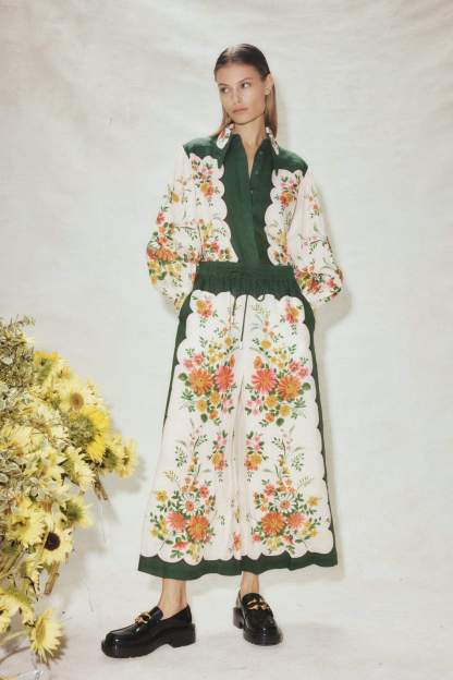 Floral Lantern Sleeve Lapel Buckle Shirt & Long Loose Pants Set