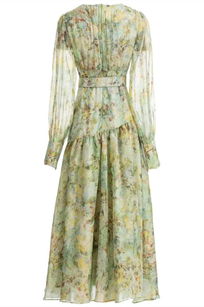 Printed Lantern Sleeve Round Collar Pleated Belt Midi Dress