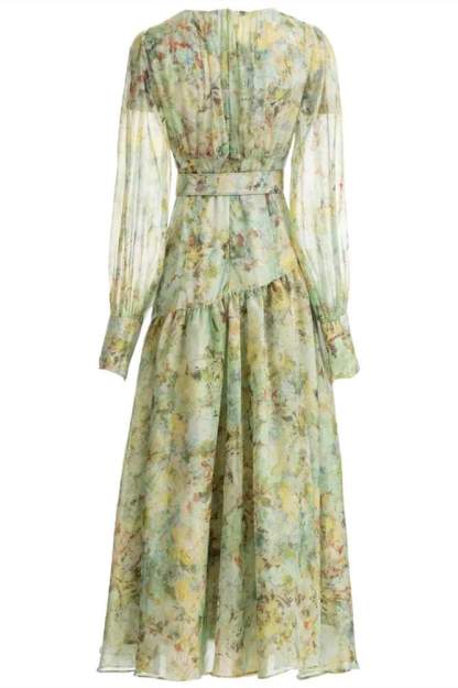 Printed Lantern Sleeve Round Collar Pleated Belt Midi Dress