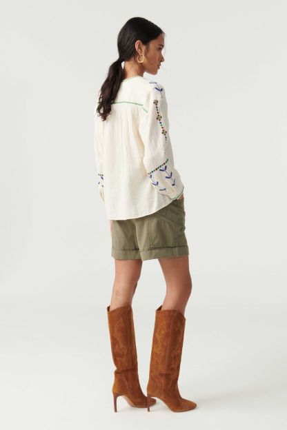 Lantern Sleeve Crew Collar Buttoned Embroidery Shirt