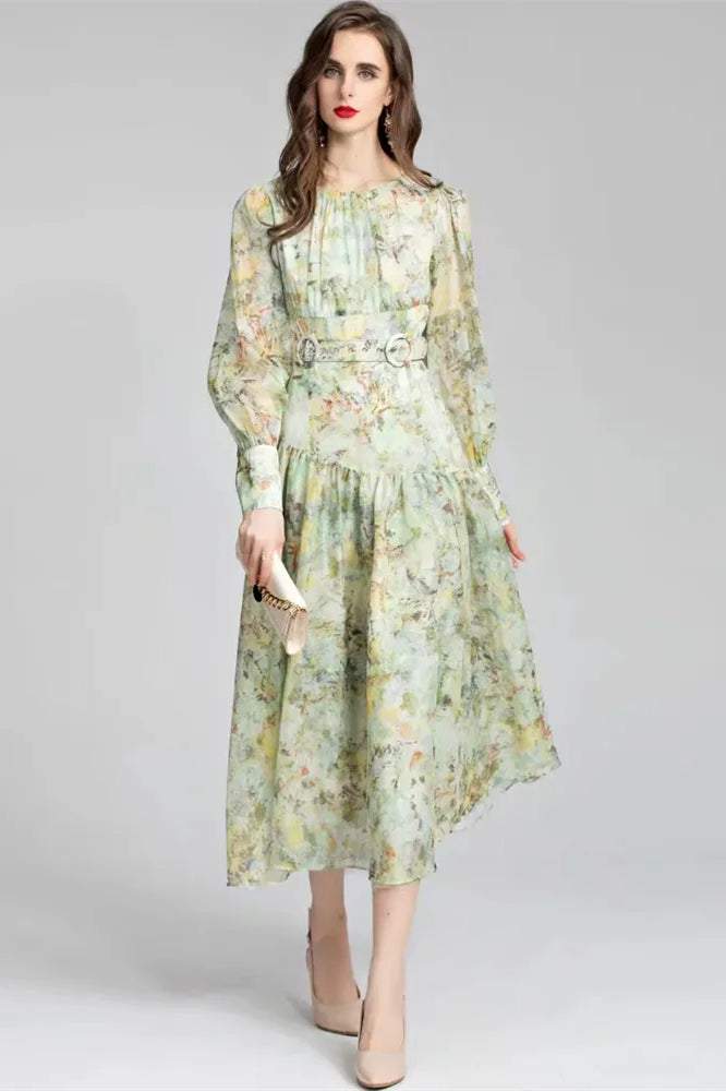Printed Lantern Sleeve Round Collar Pleated Belt Midi Dress
