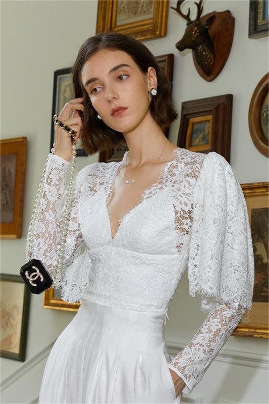 Long Sleeve V-Neck Lace Top White