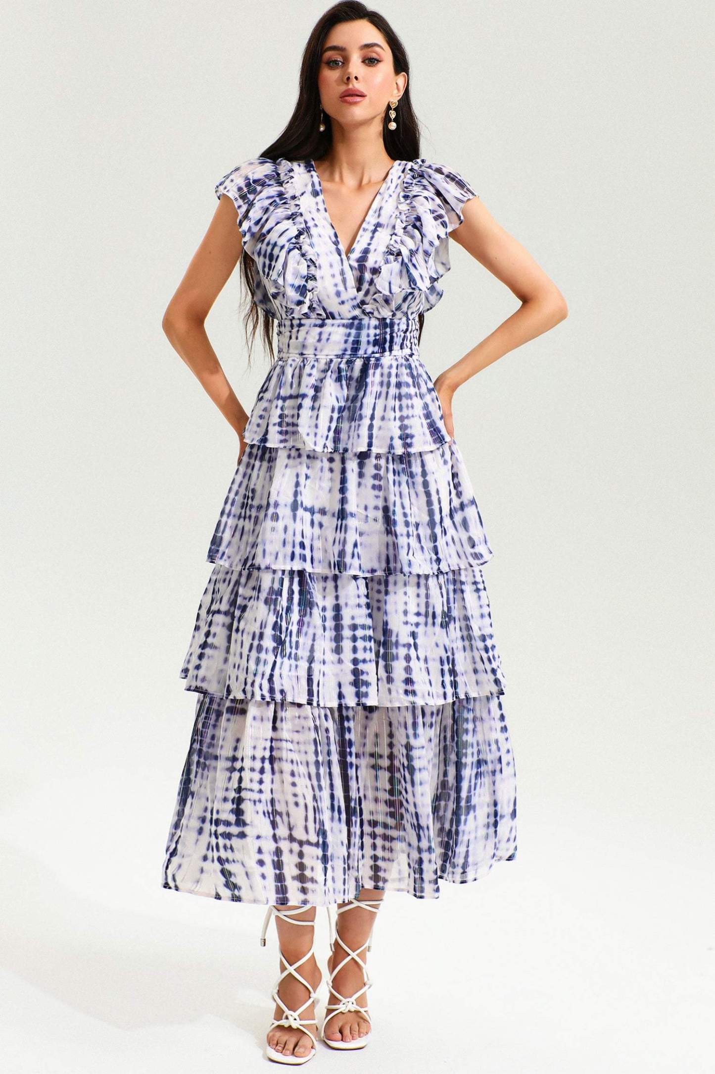 Printed V-neck flutter sleeve backless lace-up A-line dress