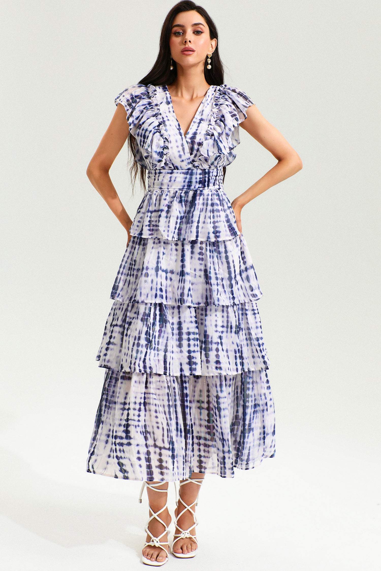 Printed V-neck flutter sleeve backless lace-up A-line dress