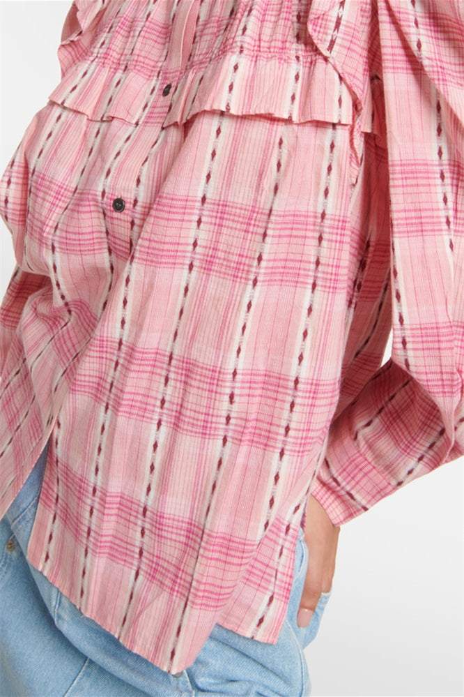 Plaid Lantern Sleeve Stand Collar Ruffled Shirt