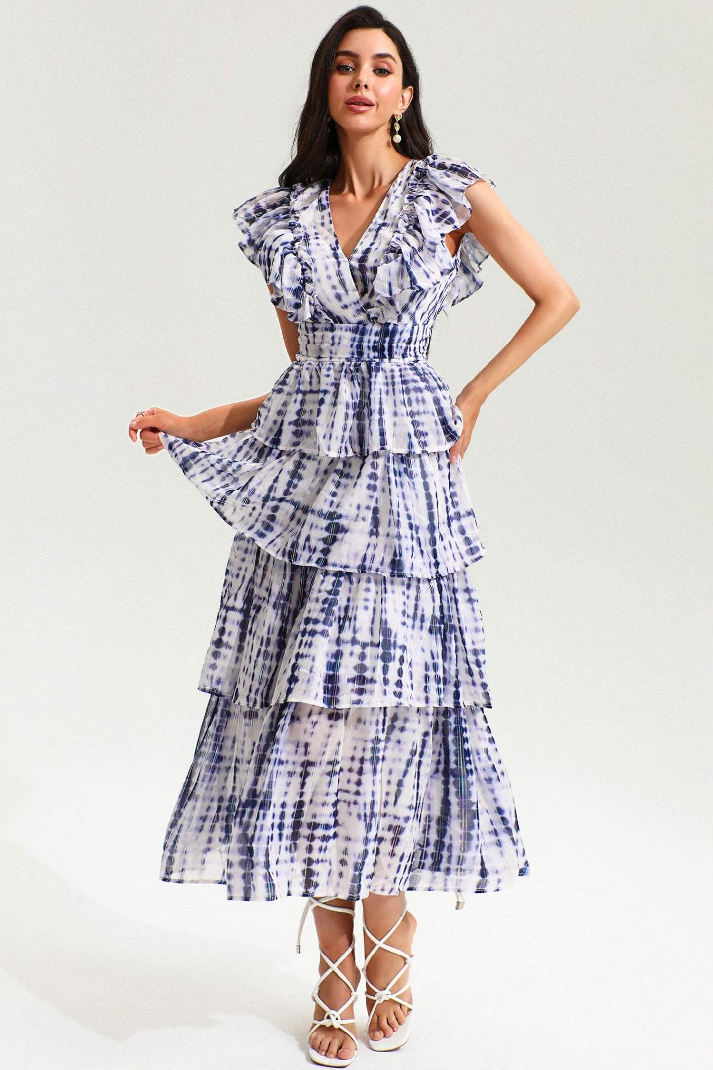 Printed V-neck flutter sleeve backless lace-up A-line dress
