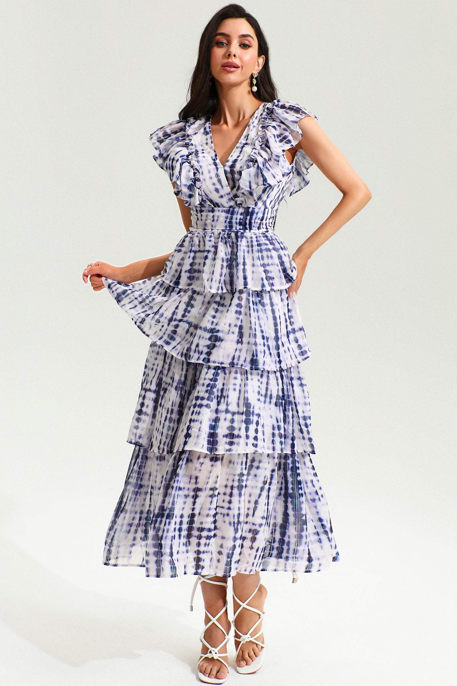 Printed V-neck flutter sleeve backless lace-up A-line dress