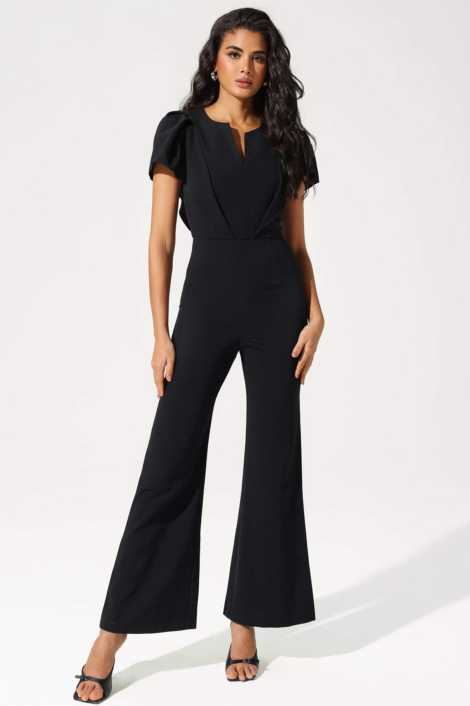 Flutter Sleeve V-Neck Ruffle Hem Tapered Waist Jumpsuit Black