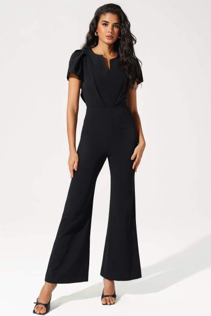 Flutter Sleeve V-Neck Ruffle Hem Tapered Waist Jumpsuit Black