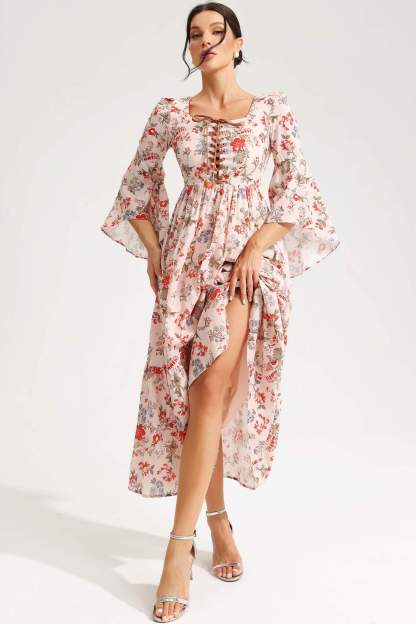 Floral Square Collar Flared Sleeve Laced Chest Trim Midi Dress