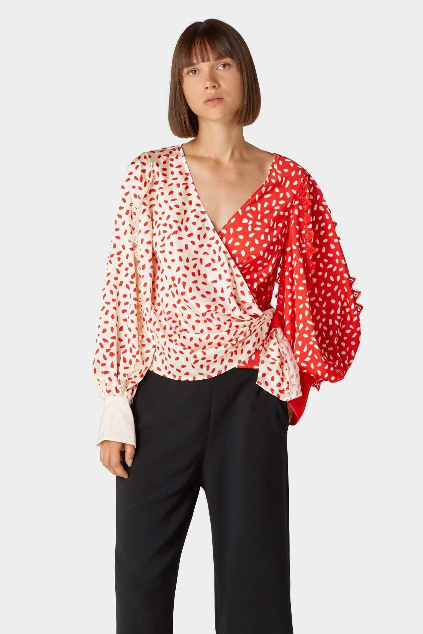 Polka Dot Lantern Sleeve Wrap Blouse