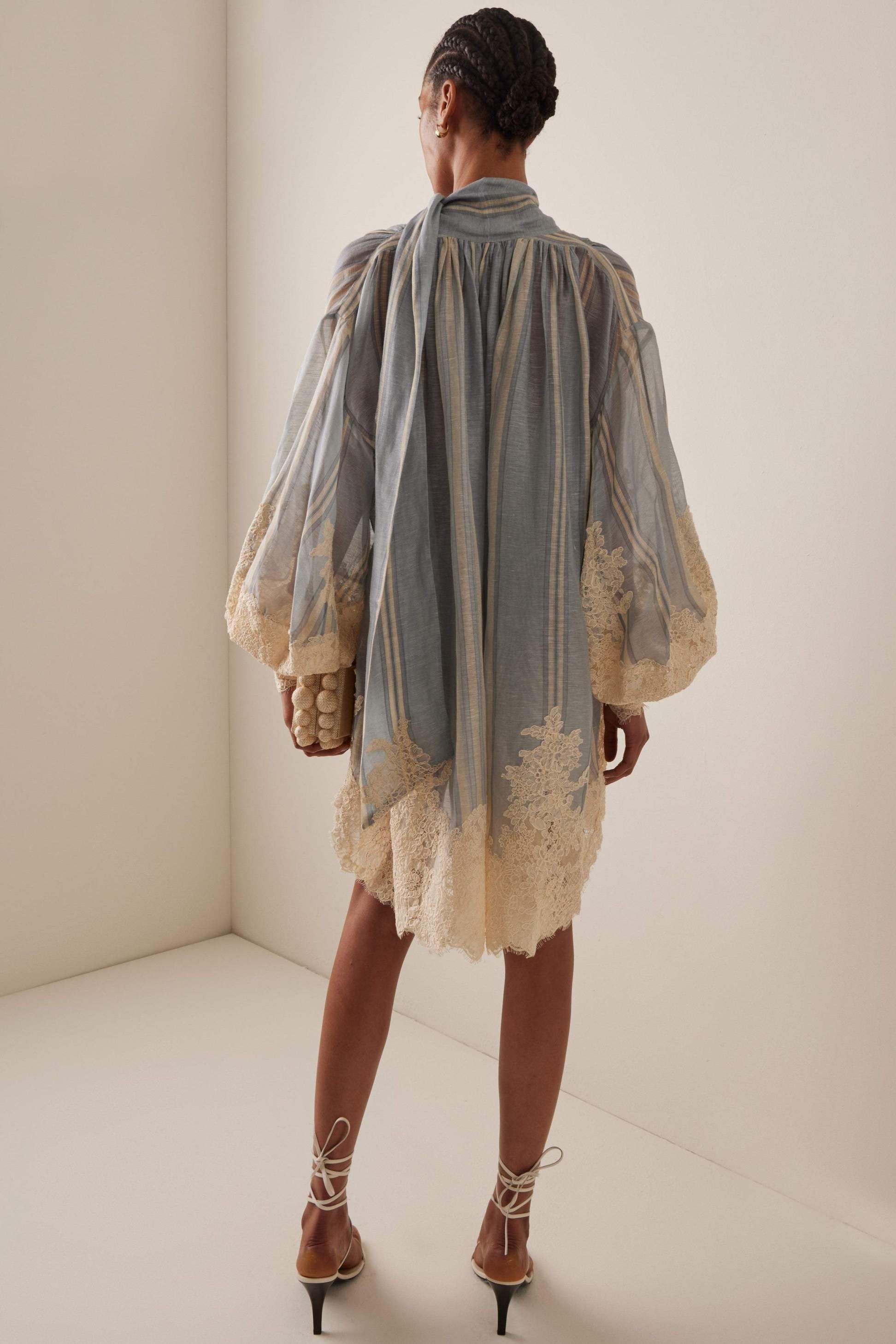 Fringe Trim Lantern Sleeve Mini Dress
