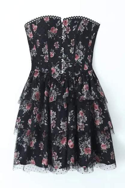 Floral Lace Polka Dot Mesh Corset Mini Dress