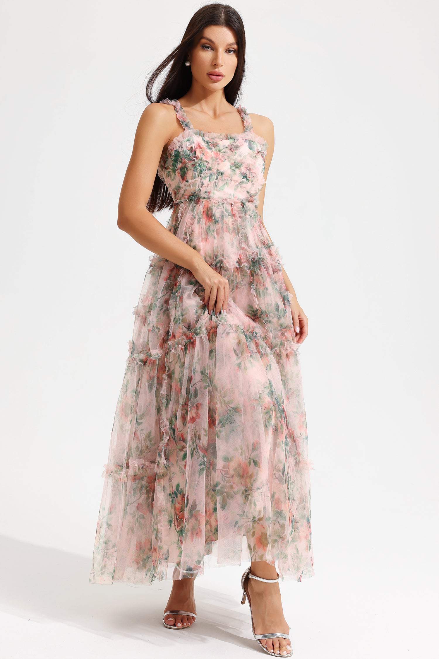 Floral Cami Tapered Waist Frill Hem Midi Dress Pink – JardinVue