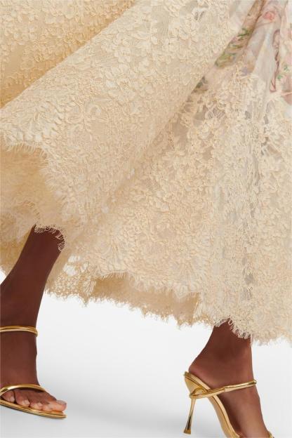 Floral Lace Long Sleeve Top ＆ High Waist Midi Skirt Set