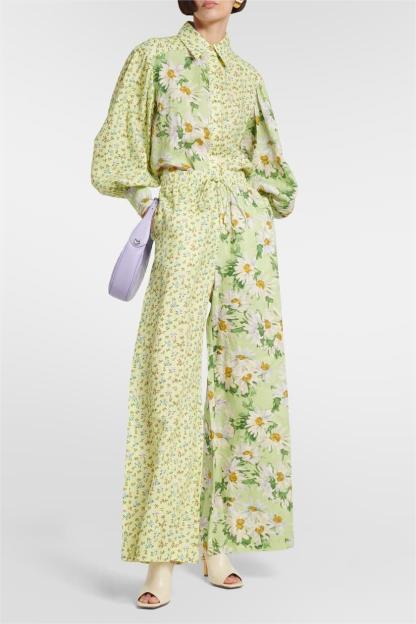Floral Lantern Sleeve Shirt & Long Loose Pants Set