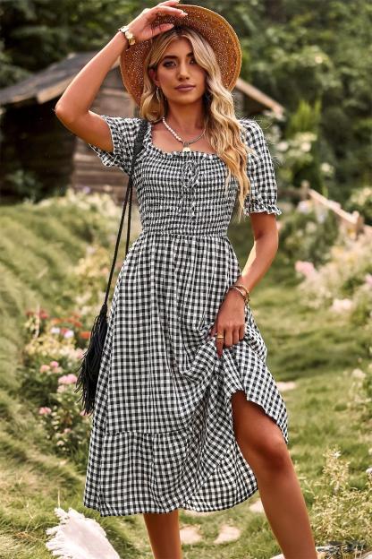 Plaid One-shoulder Midi Dress