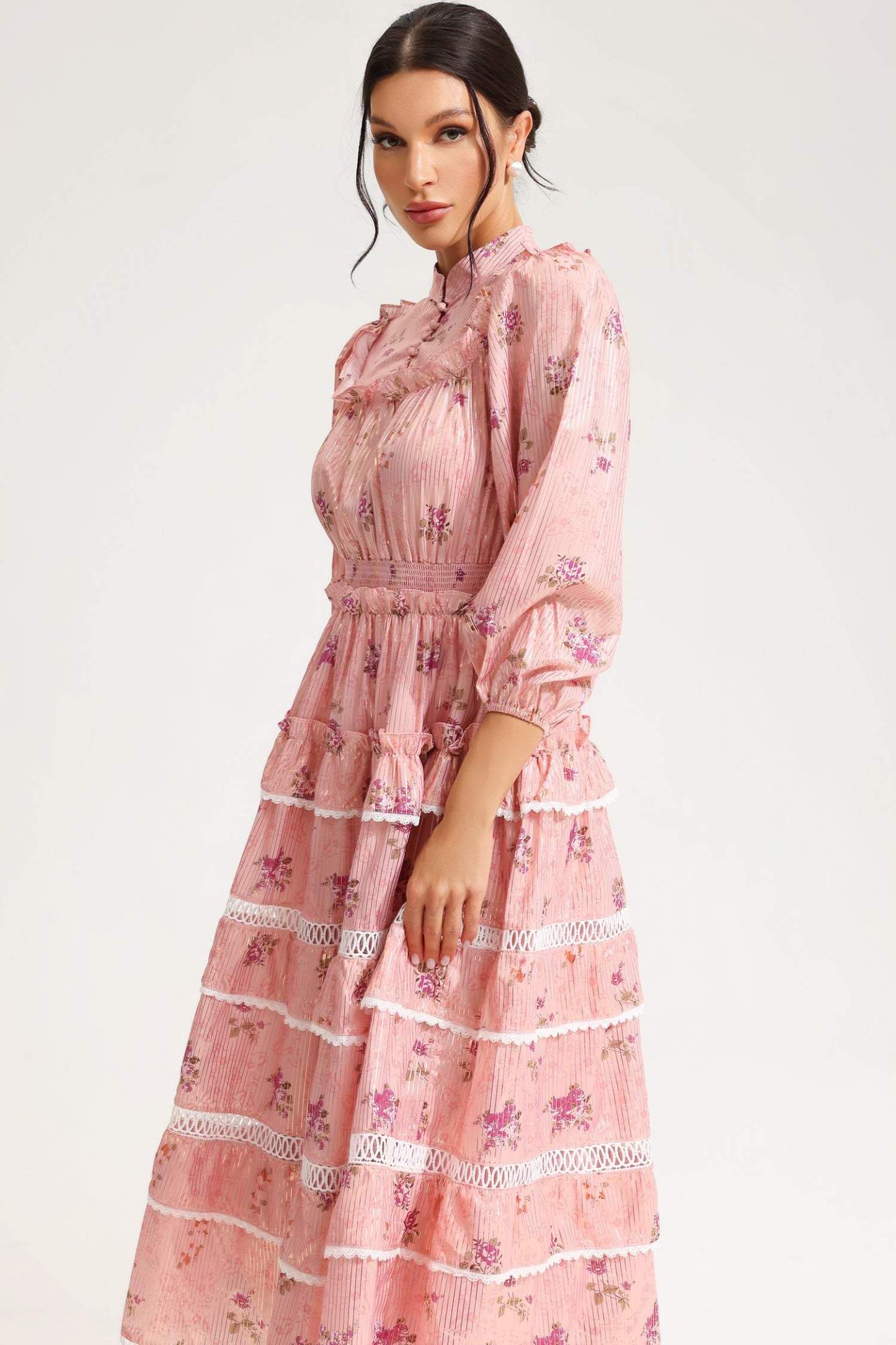 Floral Lantern Sleeve Buckle Tapered Waist Midi Dress Pink