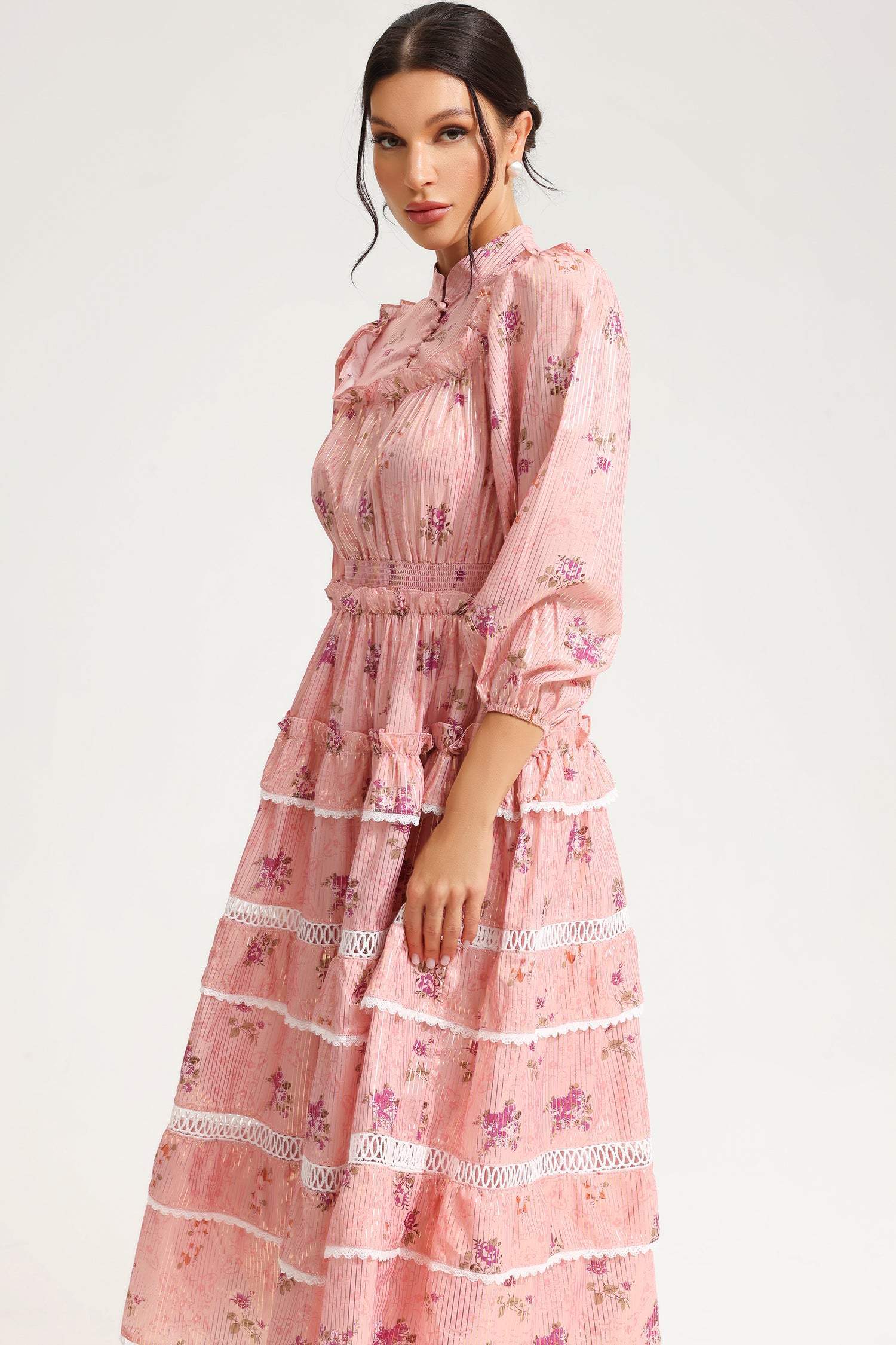 Floral Lantern Sleeve Buckle Tapered Waist Midi Dress Pink