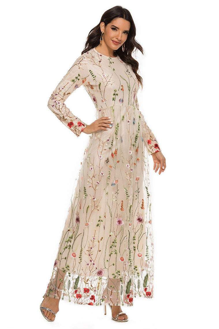 Embroidered Round Neckline Long Sleeve Maxi Dress