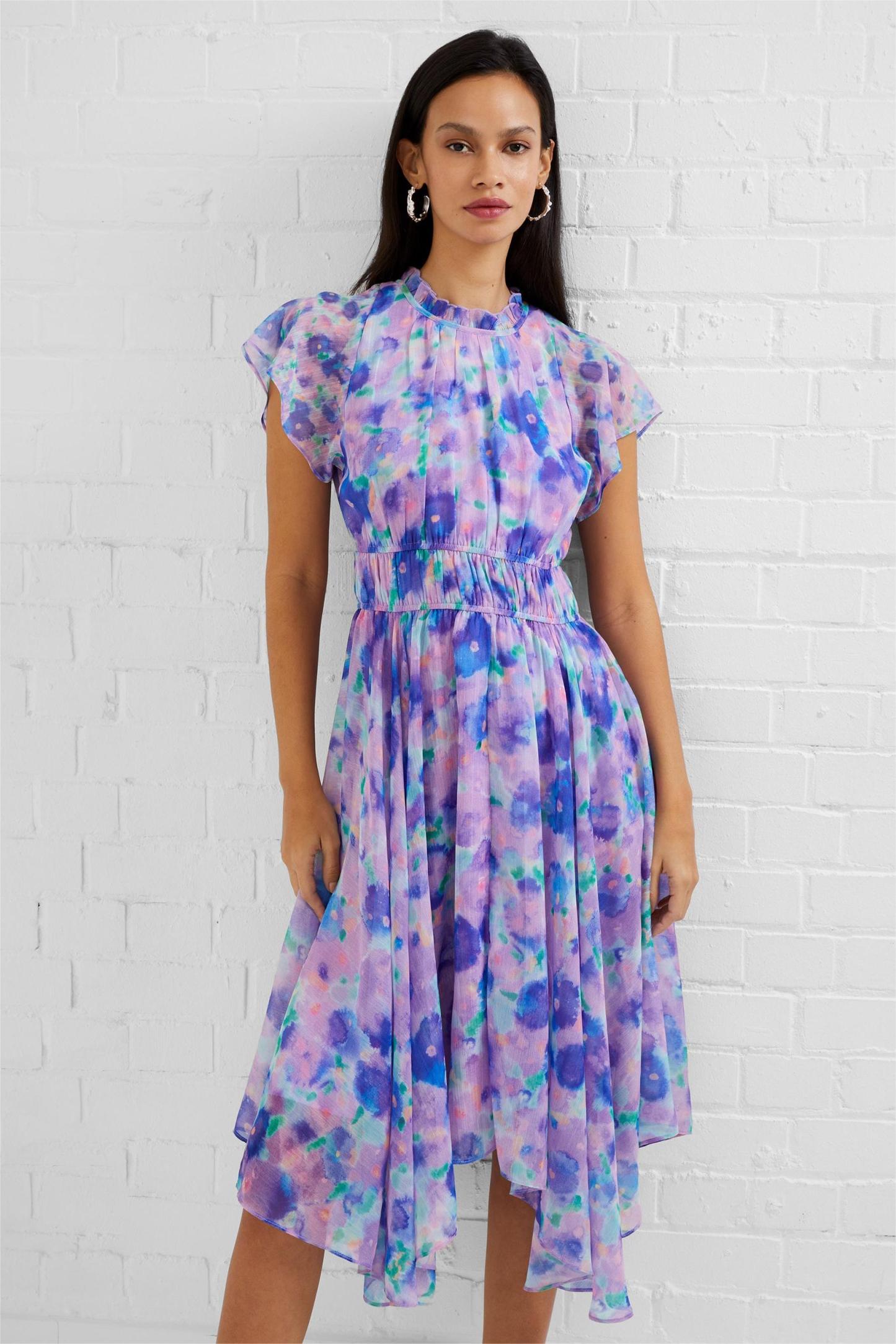 Printed Crew Collar Asymmetric Pleated Midi Dress